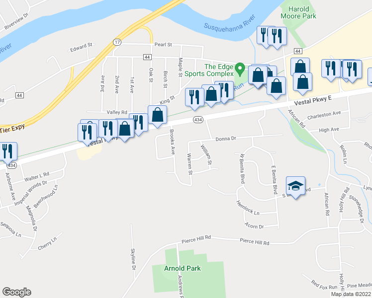 map of restaurants, bars, coffee shops, grocery stores, and more near 208 Warren Street in Vestal