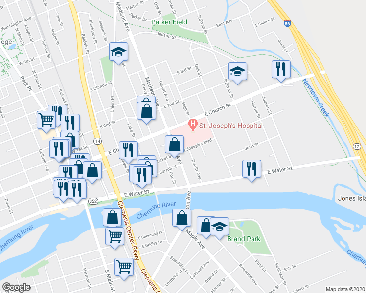map of restaurants, bars, coffee shops, grocery stores, and more near 200 Madison Avenue in Elmira