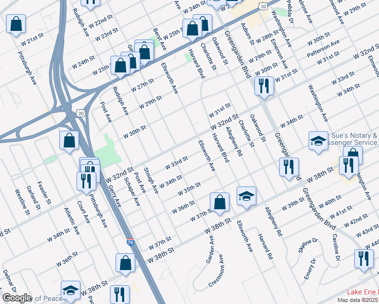 map of restaurants, bars, coffee shops, grocery stores, and more near 1841 W 32nd St in Erie