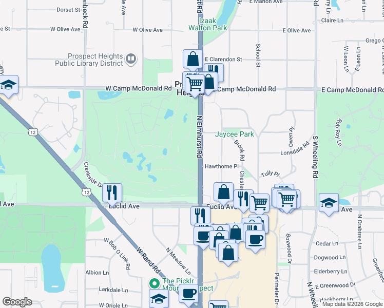 map of restaurants, bars, coffee shops, grocery stores, and more near 1400 North Elmhurst Road in Mount Prospect