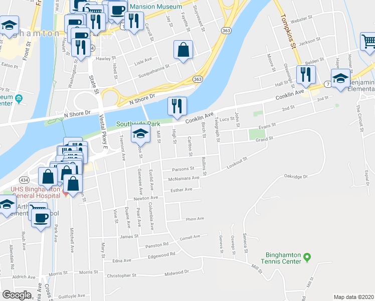map of restaurants, bars, coffee shops, grocery stores, and more near 12 Carlton Street in Binghamton