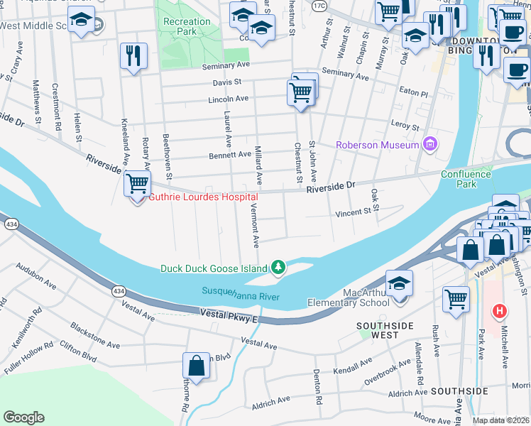 map of restaurants, bars, coffee shops, grocery stores, and more near 108 Vincent Street in Binghamton