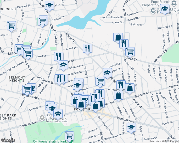 map of restaurants, bars, coffee shops, grocery stores, and more near 54-56 Pasadena Street in Springfield