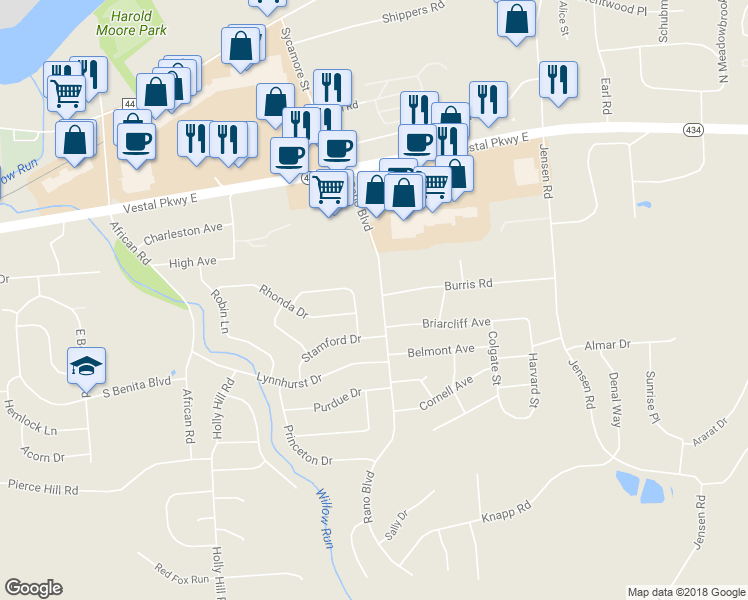 map of restaurants, bars, coffee shops, grocery stores, and more near 300 Rano Boulevard in Vestal