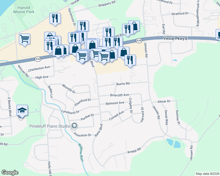 map of restaurants, bars, coffee shops, grocery stores, and more near 3120 Burris Road in Vestal