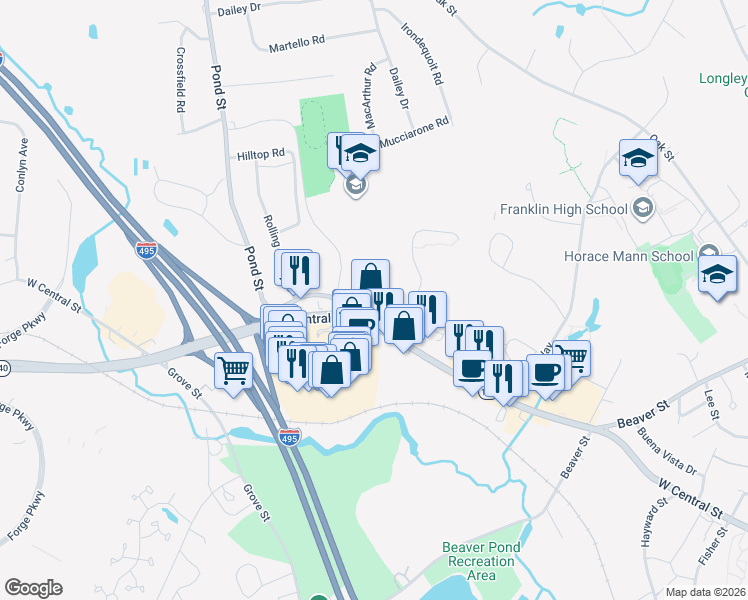 map of restaurants, bars, coffee shops, grocery stores, and more near 599 Old West Central Street in Franklin