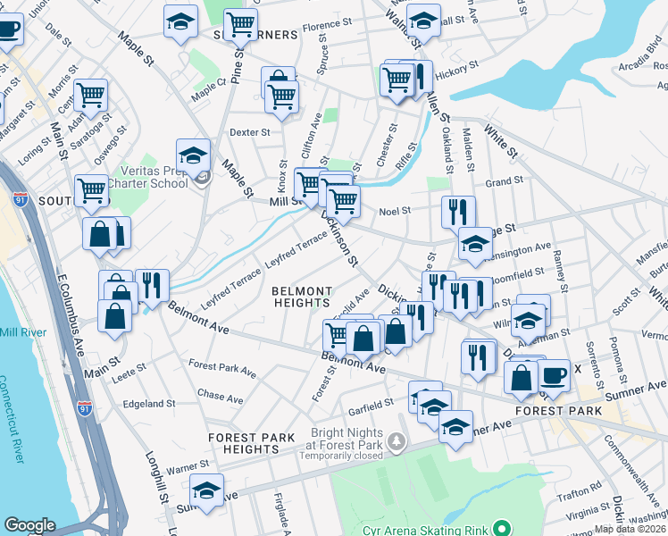 map of restaurants, bars, coffee shops, grocery stores, and more near 129 Bellevue Avenue in Springfield