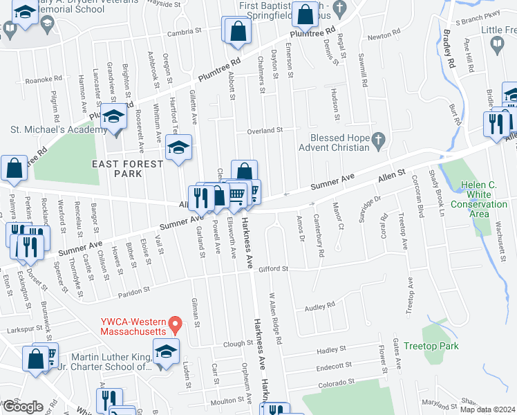 map of restaurants, bars, coffee shops, grocery stores, and more near 941 Allen Street in Springfield
