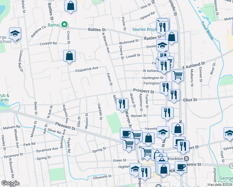 map of restaurants, bars, coffee shops, grocery stores, and more near 155 Prospect Street in Brockton
