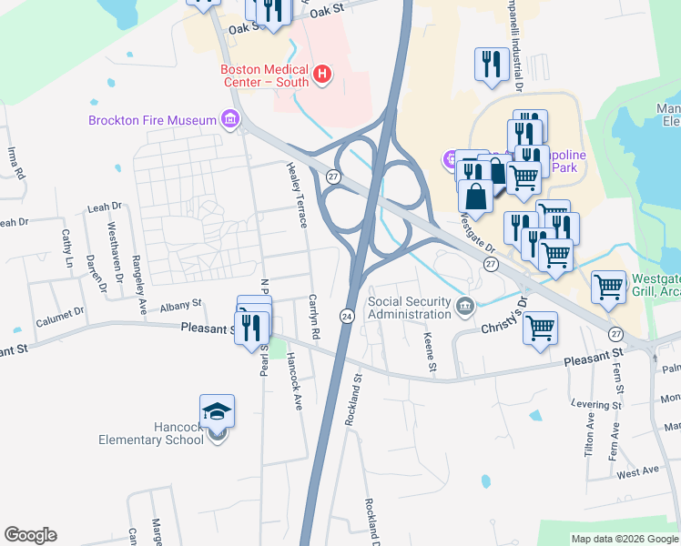 map of restaurants, bars, coffee shops, grocery stores, and more near 17 Cashman Place in Brockton