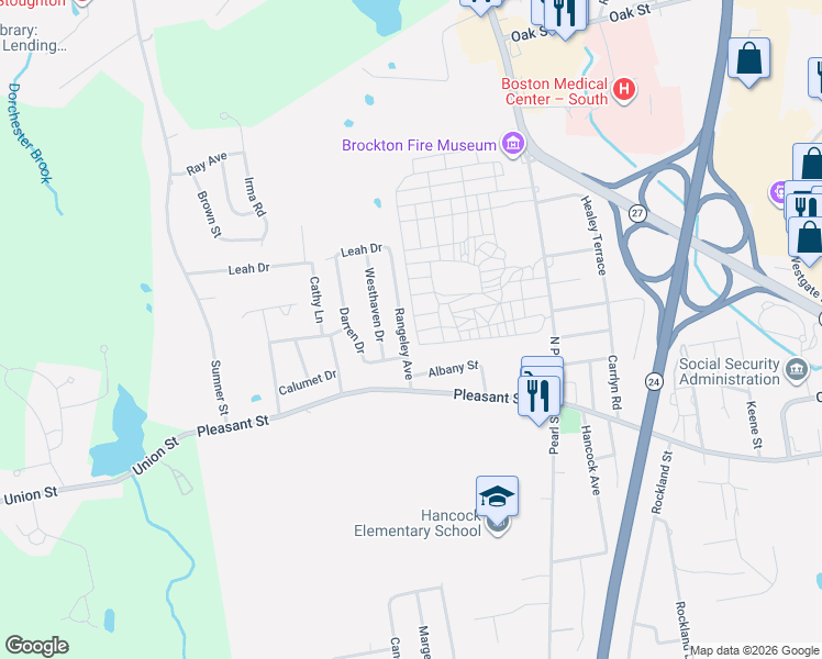 map of restaurants, bars, coffee shops, grocery stores, and more near 58 Rangley Avenue in Brockton