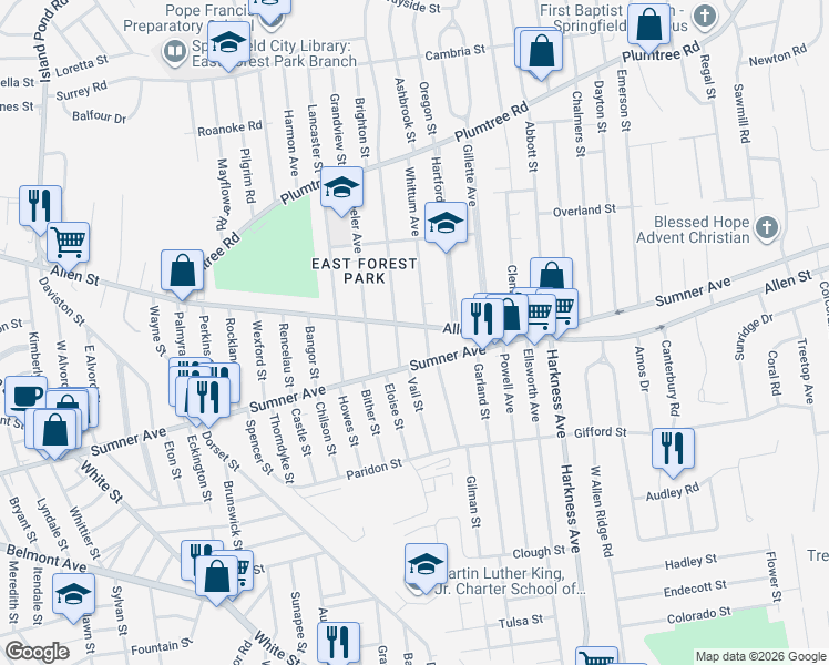map of restaurants, bars, coffee shops, grocery stores, and more near 740 Allen Street in Springfield
