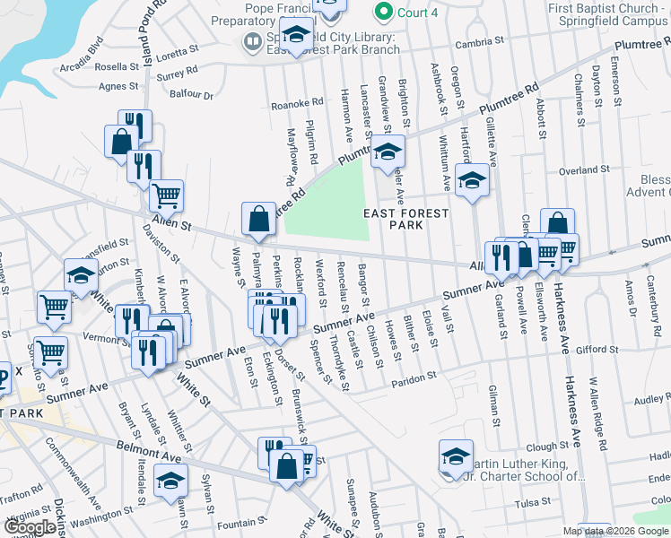map of restaurants, bars, coffee shops, grocery stores, and more near 74 Rencelau Street in Springfield