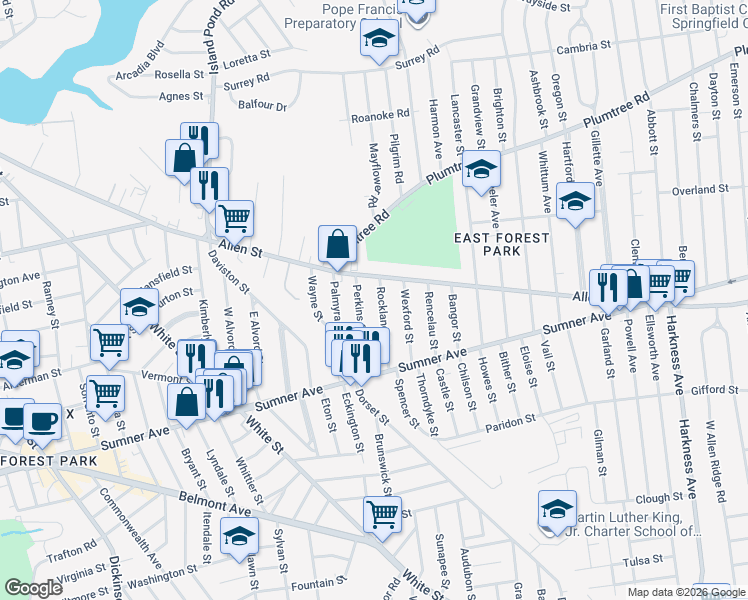 map of restaurants, bars, coffee shops, grocery stores, and more near 87 Rockland Street in Springfield