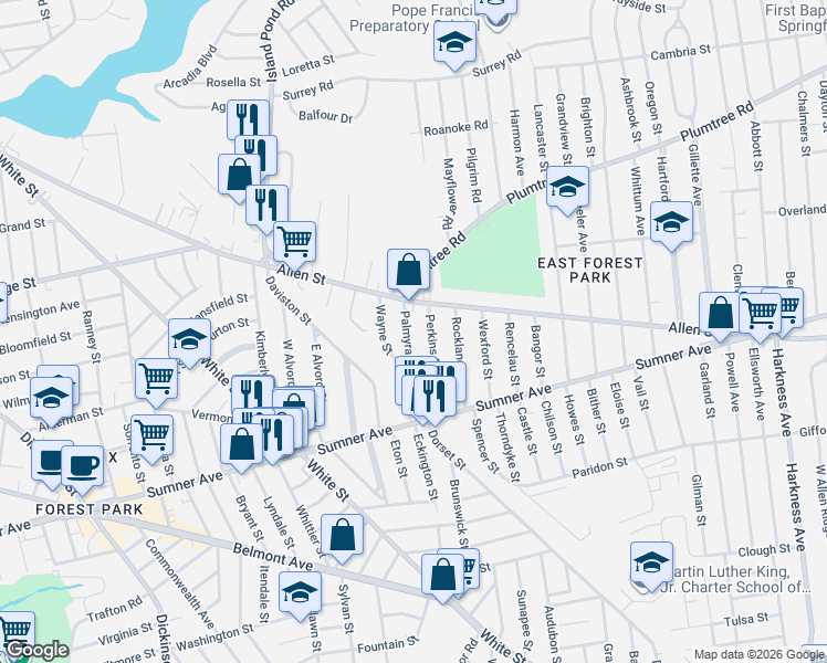 map of restaurants, bars, coffee shops, grocery stores, and more near 90 Perkins Street in Springfield