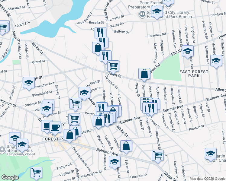 map of restaurants, bars, coffee shops, grocery stores, and more near 137 Daviston Street in Springfield