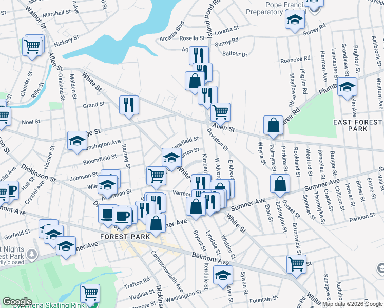 map of restaurants, bars, coffee shops, grocery stores, and more near 55 Burton Street in Springfield