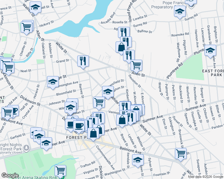 map of restaurants, bars, coffee shops, grocery stores, and more near 17-19 Mansfield Street in Springfield