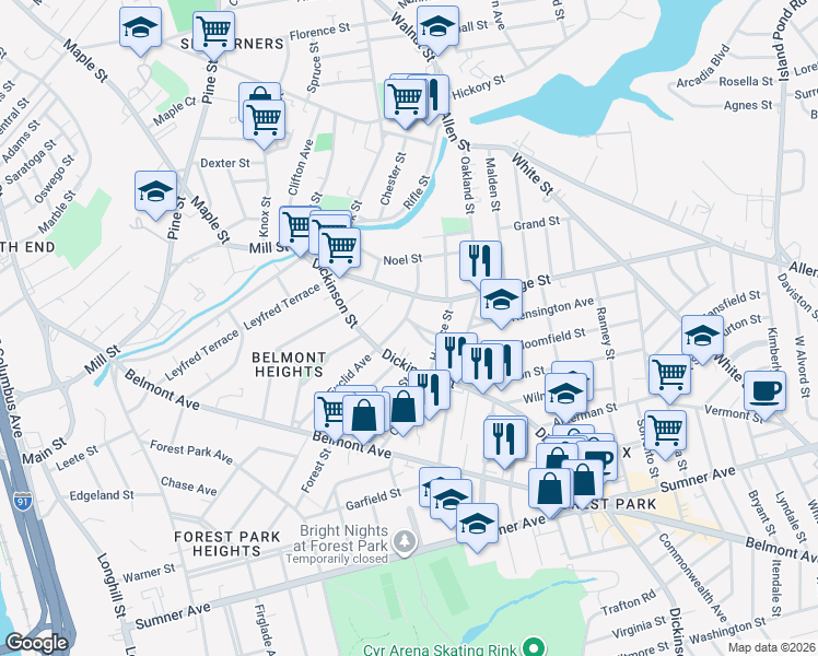 map of restaurants, bars, coffee shops, grocery stores, and more near 160 Euclid Avenue in Springfield