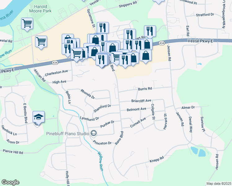 map of restaurants, bars, coffee shops, grocery stores, and more near 333 Fordham Road in Vestal