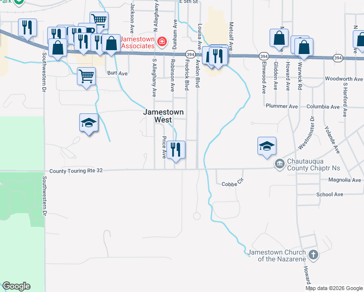 map of restaurants, bars, coffee shops, grocery stores, and more near 165 Fredrick Boulevard in Jamestown