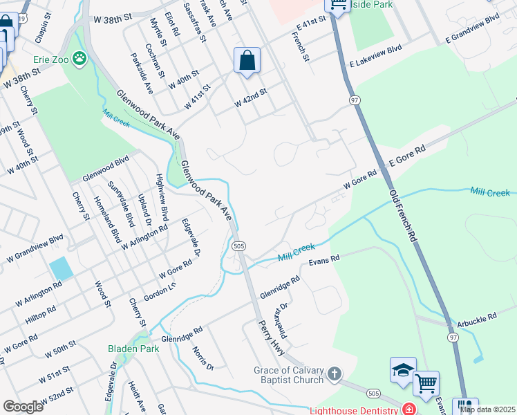 map of restaurants, bars, coffee shops, grocery stores, and more near 306 West Gore Road in Erie
