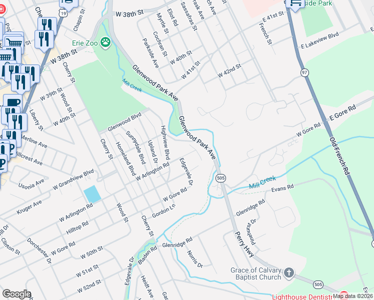 map of restaurants, bars, coffee shops, grocery stores, and more near 4710 Hilltop Rd in Erie