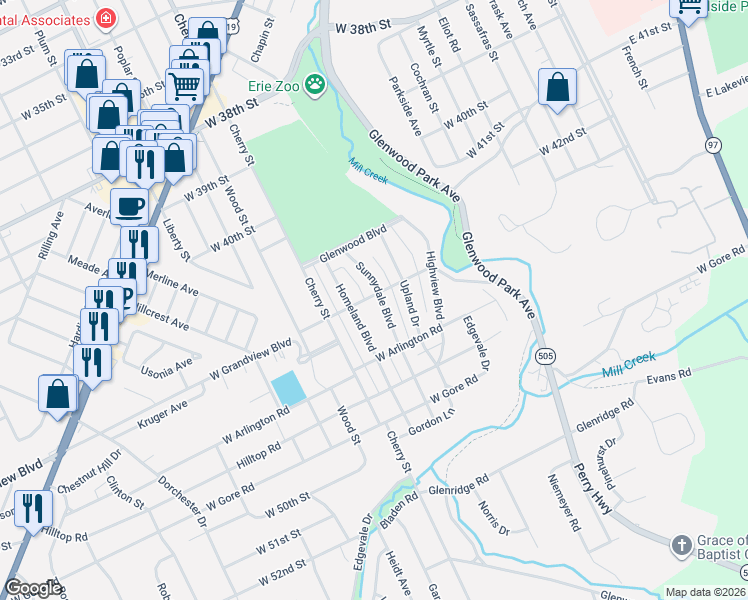 map of restaurants, bars, coffee shops, grocery stores, and more near 514 W Grandview Blvd in Erie