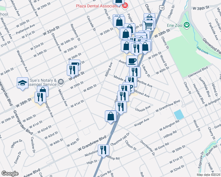 map of restaurants, bars, coffee shops, grocery stores, and more near 150 Brighton Avenue in Erie