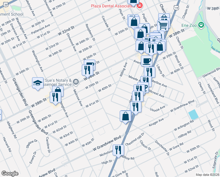 map of restaurants, bars, coffee shops, grocery stores, and more near 1115 West 40th Street in Erie