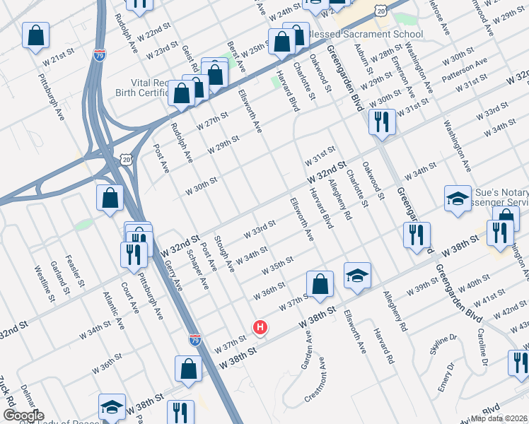 map of restaurants, bars, coffee shops, grocery stores, and more near 1841 W 32nd St in Erie