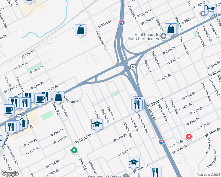 map of restaurants, bars, coffee shops, grocery stores, and more near 2721 Atlantic Ave in Erie