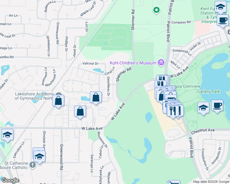 map of restaurants, bars, coffee shops, grocery stores, and more near 2021 Dauntless Drive in Glenview