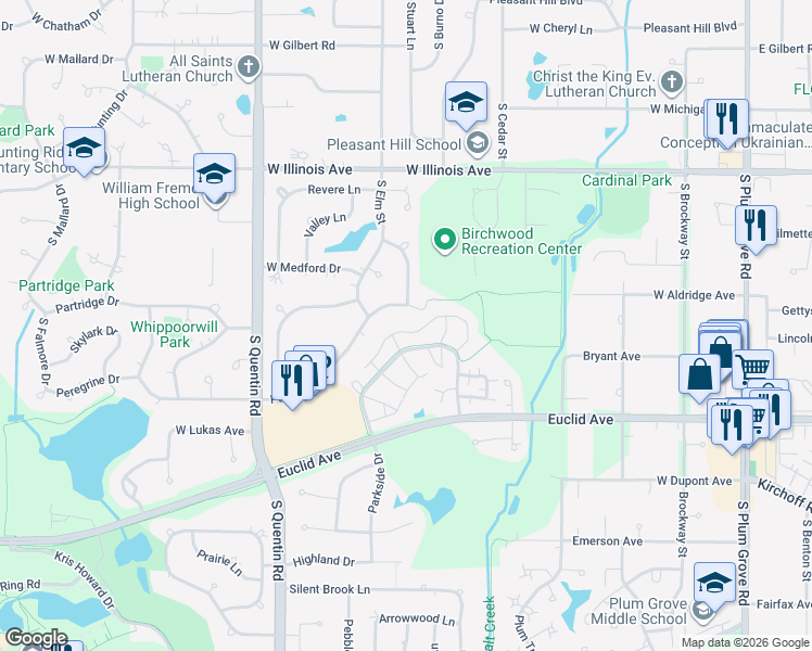 map of restaurants, bars, coffee shops, grocery stores, and more near 576 West Parkside Drive in Palatine