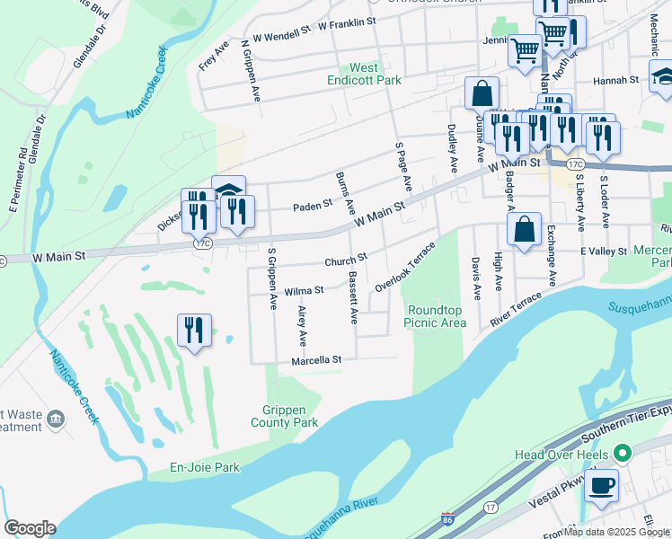map of restaurants, bars, coffee shops, grocery stores, and more near 606 Church St in Endicott