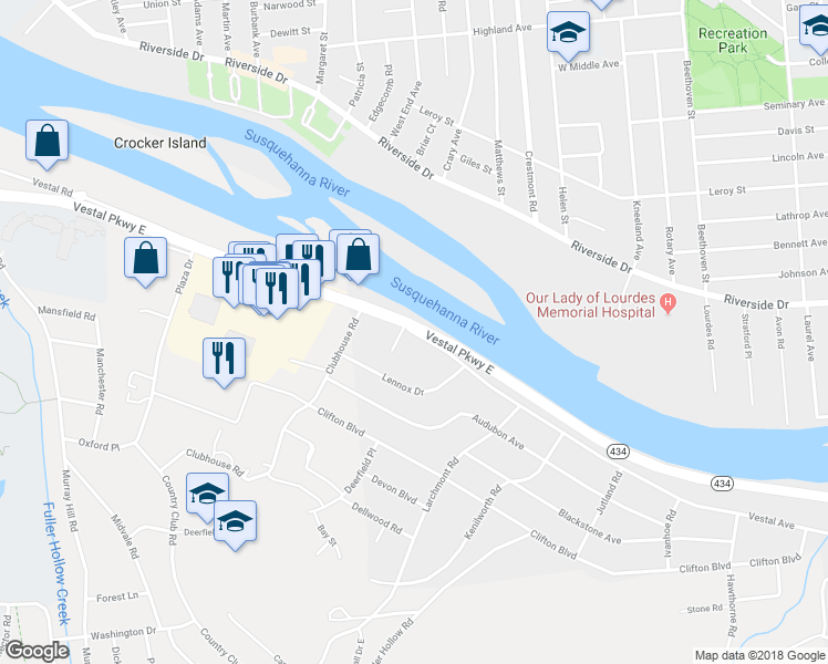 map of restaurants, bars, coffee shops, grocery stores, and more near 157 Vestal Avenue in Binghamton