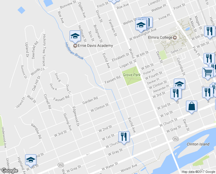 map of restaurants, bars, coffee shops, grocery stores, and more near 670 Hoffman Street in Elmira
