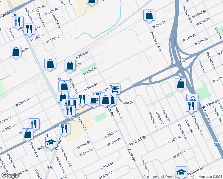 map of restaurants, bars, coffee shops, grocery stores, and more near 2575 W 25th St in Erie