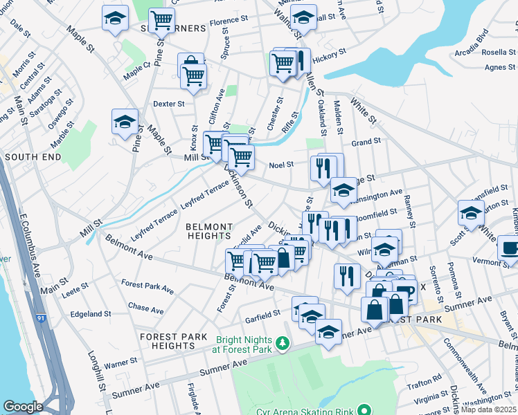 map of restaurants, bars, coffee shops, grocery stores, and more near 95 Dickinson Street in Springfield