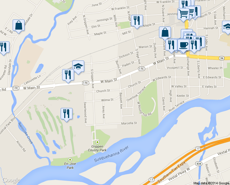 map of restaurants, bars, coffee shops, grocery stores, and more near 606 Church St in Endicott