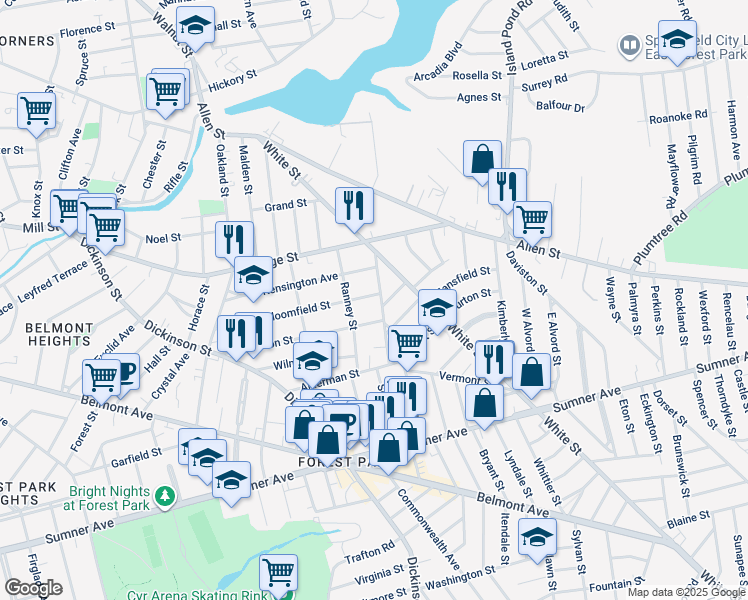 map of restaurants, bars, coffee shops, grocery stores, and more near 54-56 Pasadena Street in Springfield