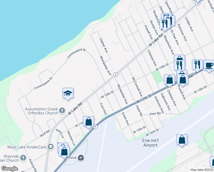 map of restaurants, bars, coffee shops, grocery stores, and more near 4137 W Lake Rd in Erie