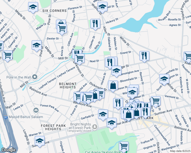 map of restaurants, bars, coffee shops, grocery stores, and more near 5 Glendell Terrace in Springfield