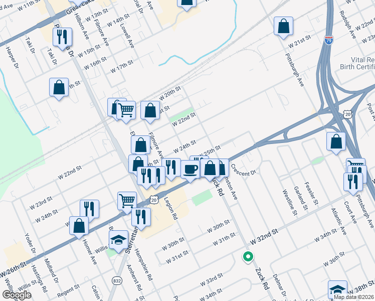 map of restaurants, bars, coffee shops, grocery stores, and more near 2405 Lowell Ave in Erie