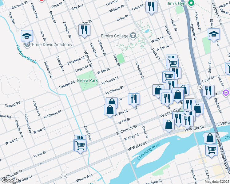 map of restaurants, bars, coffee shops, grocery stores, and more near 427 West Clinton Street in Elmira