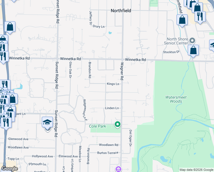 map of restaurants, bars, coffee shops, grocery stores, and more near 949 Kings Lane in Glenview