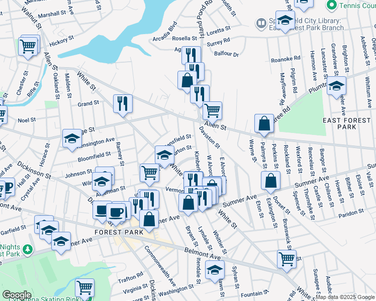 map of restaurants, bars, coffee shops, grocery stores, and more near 55 Burton Street in Springfield