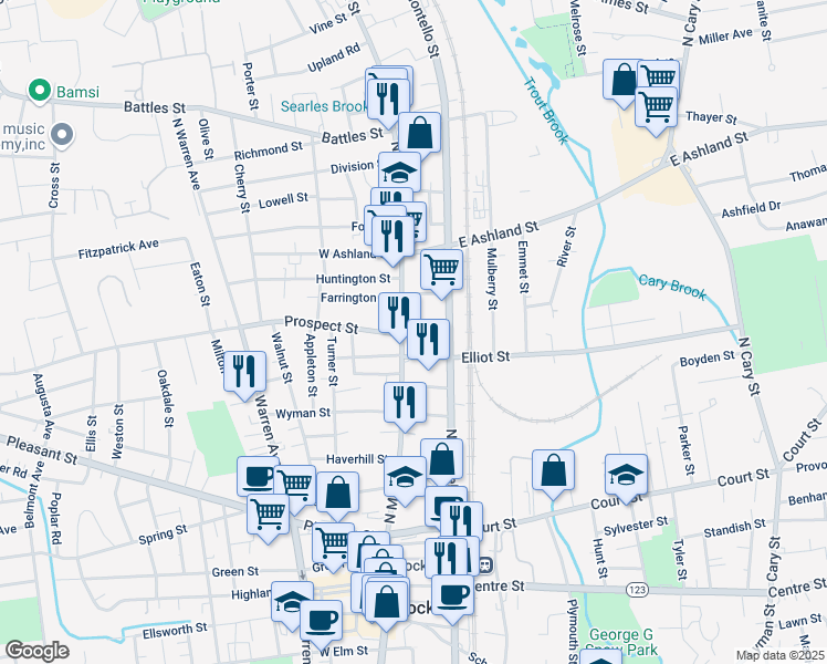 map of restaurants, bars, coffee shops, grocery stores, and more near 285 North Main Street in Brockton