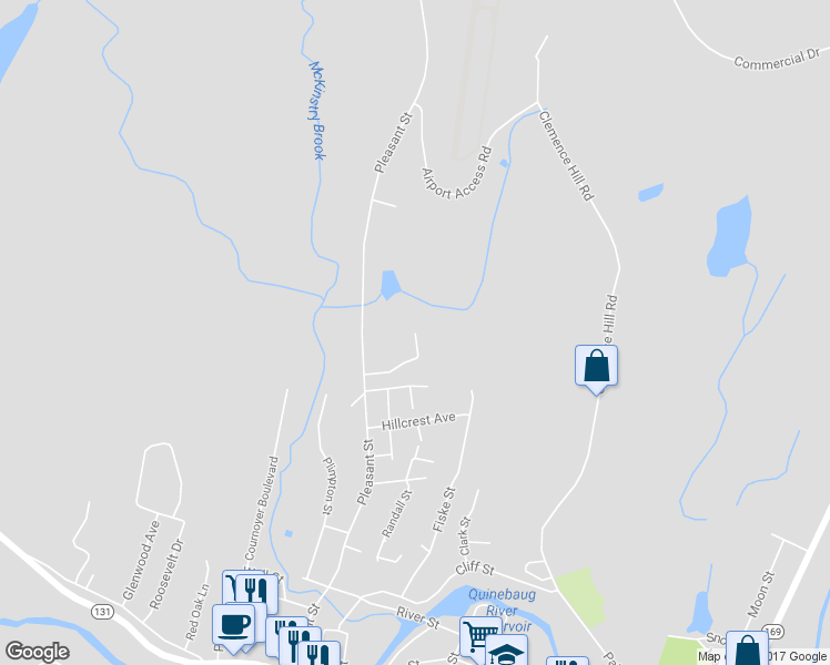 map of restaurants, bars, coffee shops, grocery stores, and more near 10 Highfield Drive in Southbridge