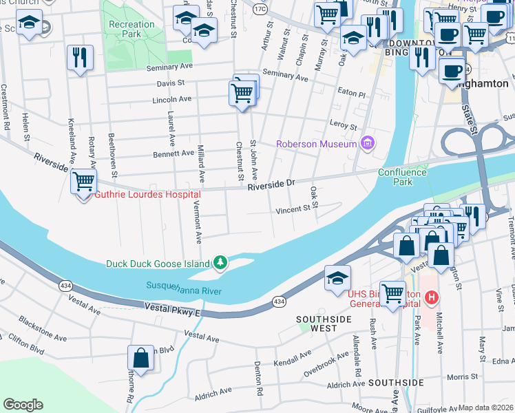 map of restaurants, bars, coffee shops, grocery stores, and more near 4 Vincent Court in Binghamton